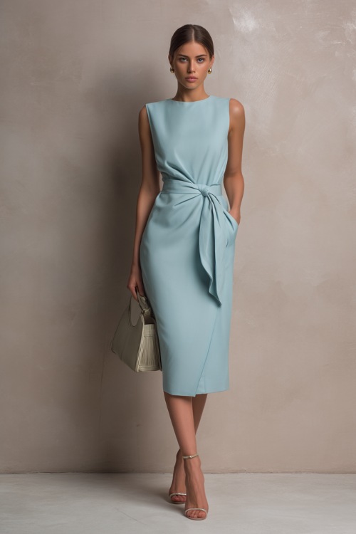 Woman wearing a light blue sleeveless midi dress with a delicate tie belt and small structured handbag, standing against a minimalist light taupe backdrop 