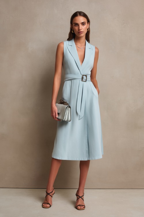 Woman wearing a light blue sleeveless midi dress with a delicate tie belt and small structured handbag, standing against a minimalist light taupe backdrop