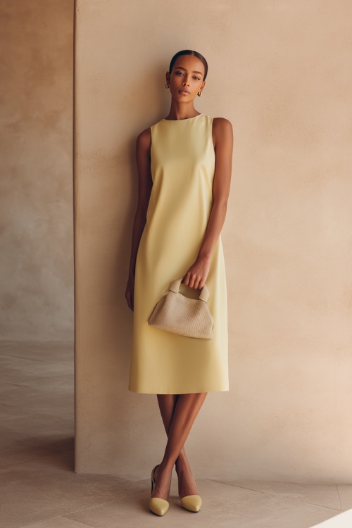 Woman wearing a soft pastel yellow sleeveless midi dress with simple sandals and a small structured handbag, standing gracefully against a minimalist soft beige backdrop 