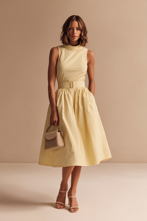 Woman wearing a soft pastel yellow sleeveless midi dress with simple sandals and a small structured handbag, standing gracefully against a minimalist soft beige backdrop