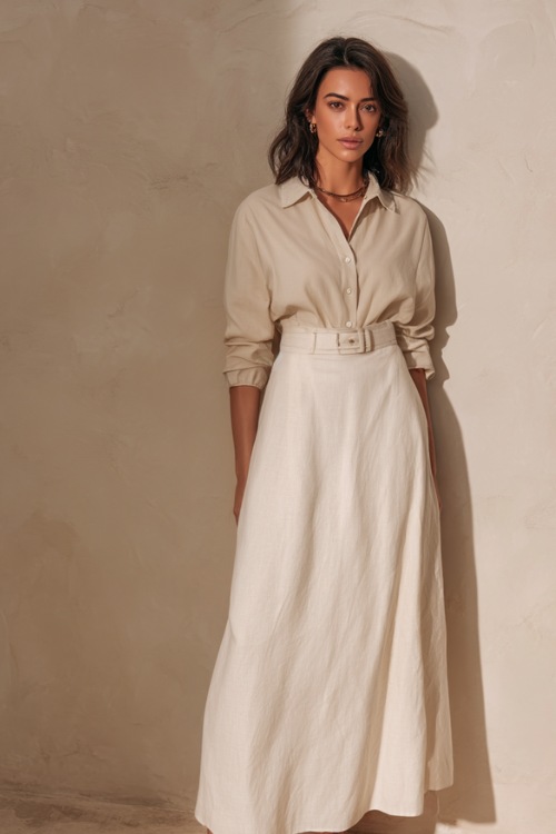 Woman wearing a soft white linen maxi skirt paired with a tailored long-sleeve button-up blouse and simple sandals, standing gracefully against a minimalist cream backdrop