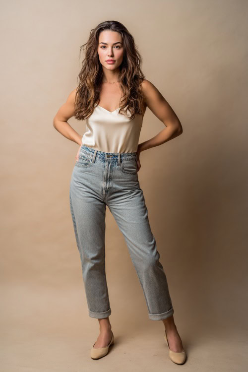 Woman wearing high-waisted straight-leg jeans with a soft ivory silk camisole and simple ballet flats, posing confidently in front of a soft beige studio backdrop