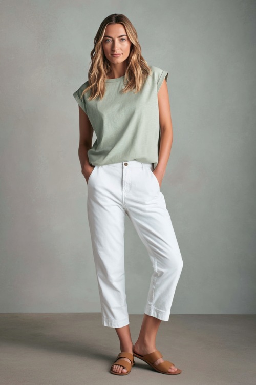 Woman wearing soft white straight-leg jeans with a pale sage short-sleeve blouse and leather slides, posing in a clean minimalist fashion studio with a soft gray background 