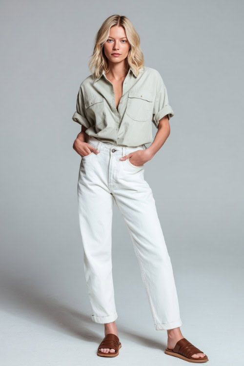 Woman wearing soft white straight-leg jeans with a pale sage short-sleeve blouse and leather slides, posing in a clean minimalist fashion studio with a soft gray background