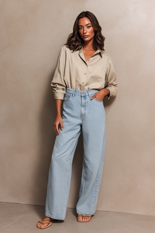 Woman wearing wide-leg light blue jeans with a tucked-in tailored linen blouse and simple flat sandals, standing against a soft taupe studio wall