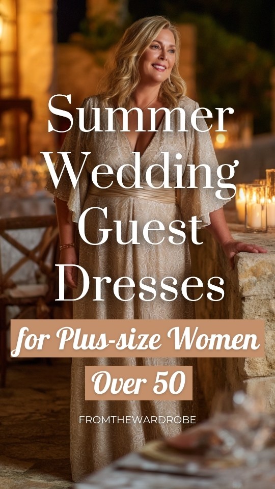 a plus size woman over 50 wears a champagne guest dress for a summer wedding