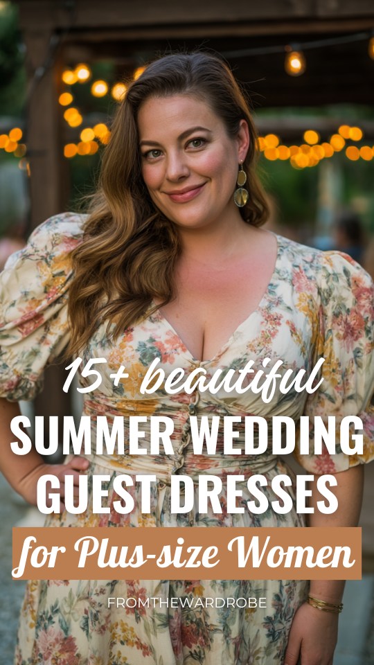 a plus size woman wears a floral summer wedding guest dress