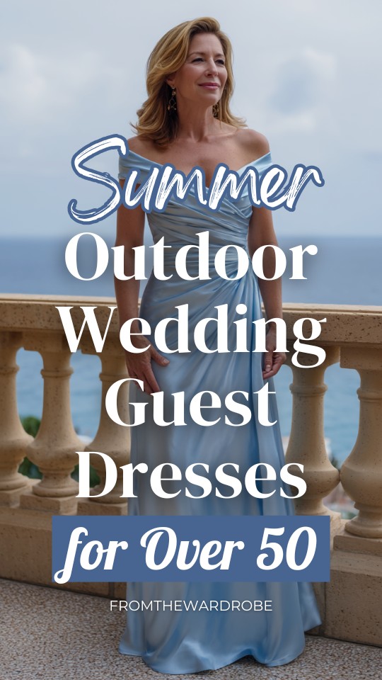 a woman over 50 wears a blue guest dress for summer outdoor wedding