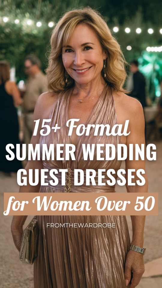 a woman over 50 wears a formal summer wedding guest dress