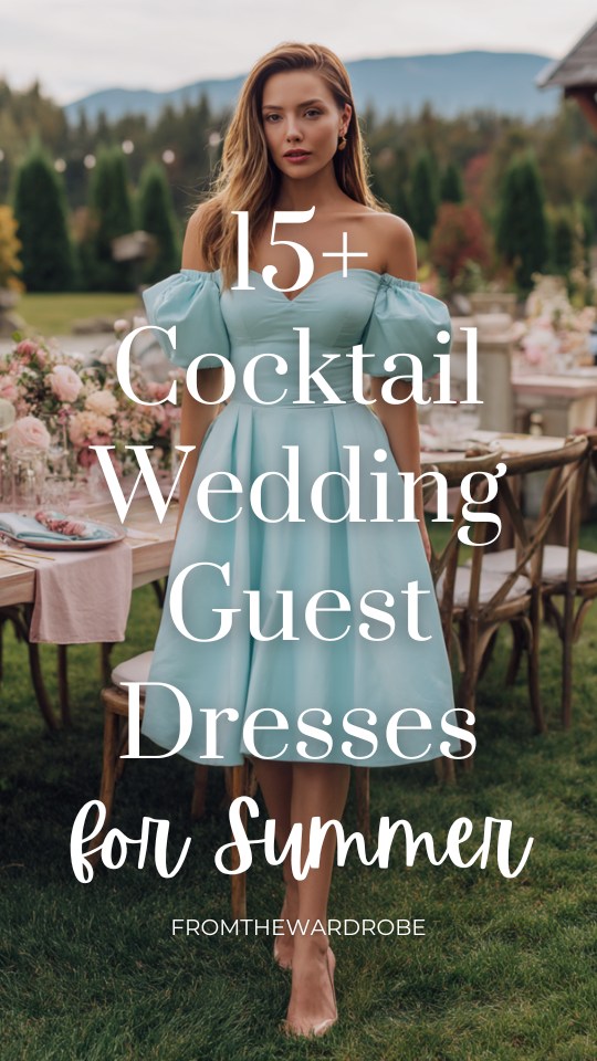 a woman wears a blue cocktail wedding guest dress for summer
