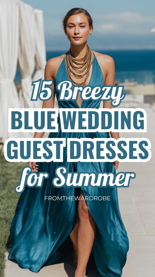 a woman wears a blue wedding guest dress for summer
