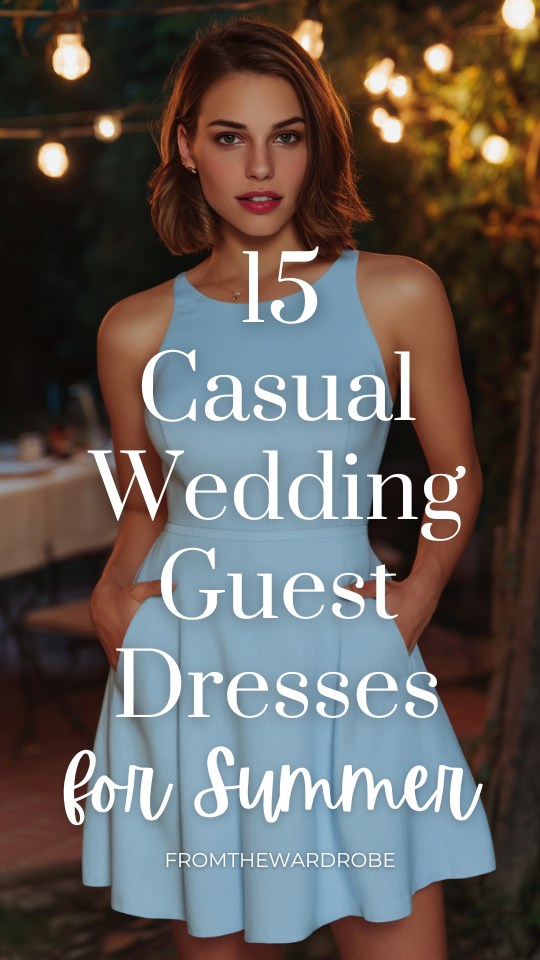a woman wears a casual blue wedding guest dress for summer wedding