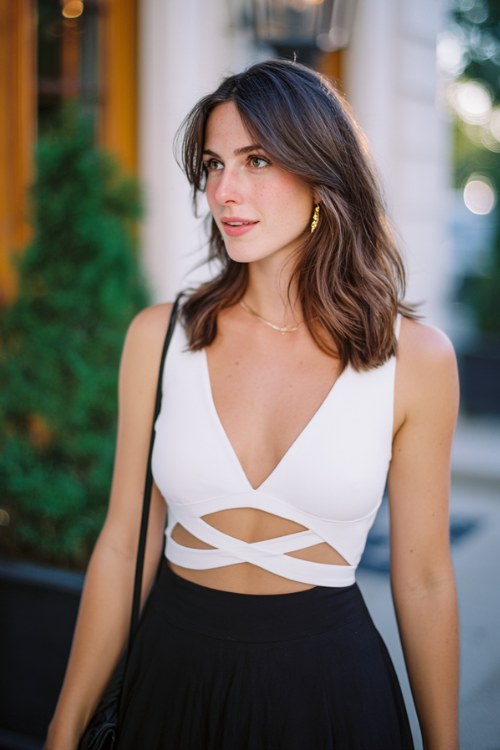 a woman wears a classy girly outfit for a summer date night