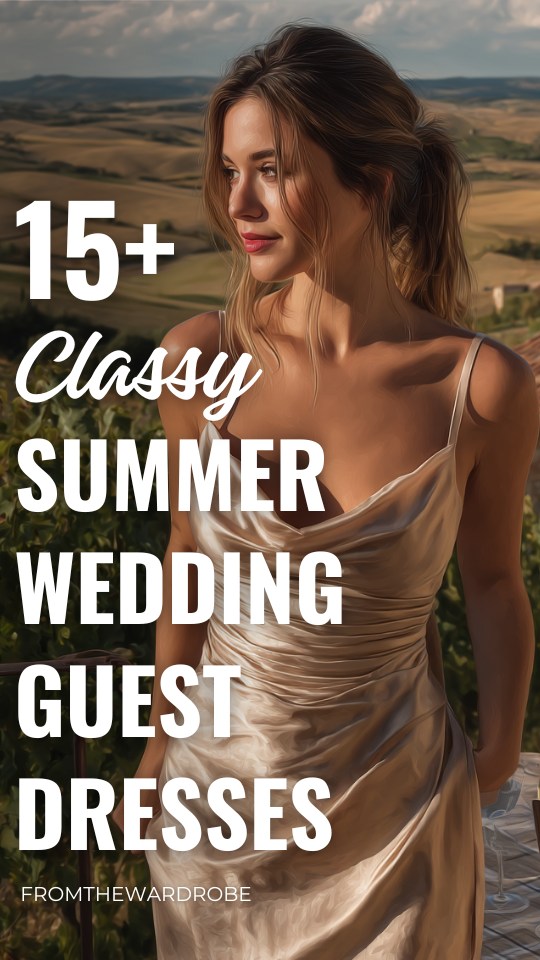 a woman wears a classy satin wedding guest dress