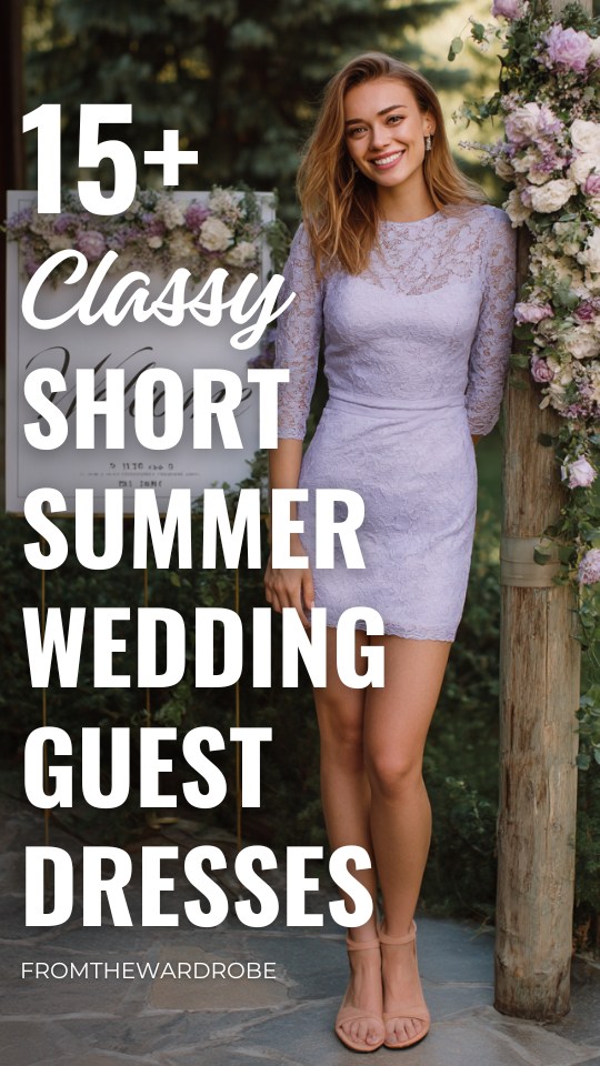 a woman wears a classy short lavender wedding guest dress for summer
