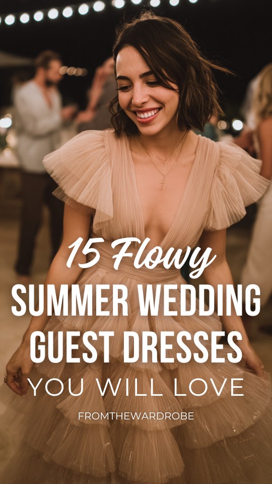 a woman wears a flowy summer wedding guest dress