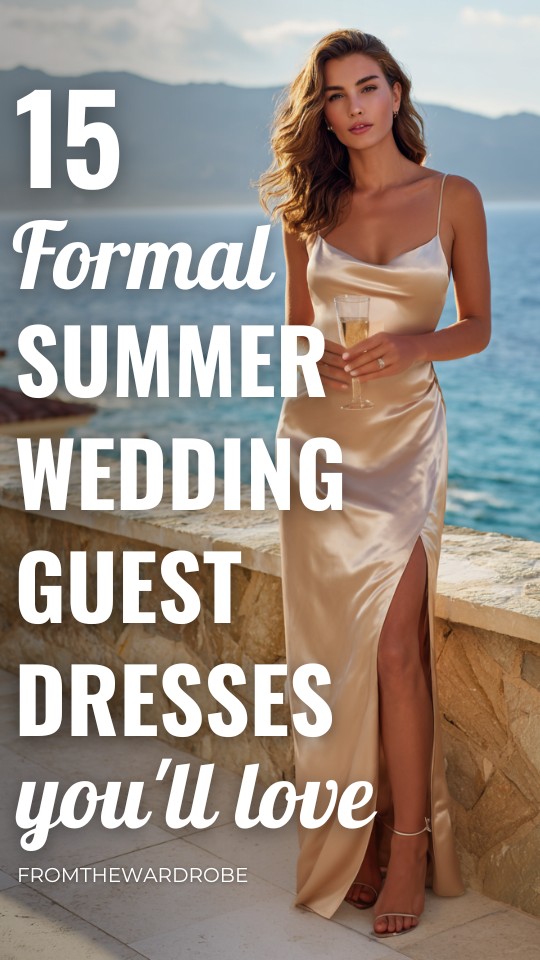 a woman wears a formal satin summer wedding guest dress