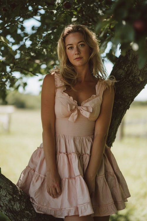 woman in a blush pink cotton dress with a tiered ruffle skirt and a smocked bodice, posing under a shaded tree at a casual summer wedding