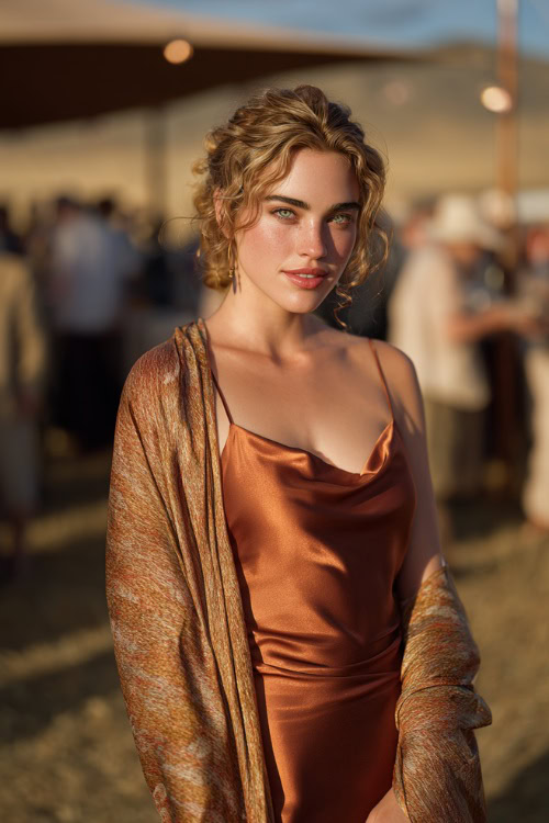 A woman in a copper-toned satin slip dress with spaghetti straps, a lightweight shawl draped over her shoulders, standing at an outdoor September reception with hanging lights