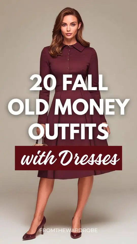 A woman in a fall old money outfit with burgundy A line dress, accessorized with a handle bag and classic pumps