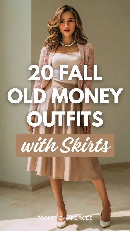 A woman in a fall old money outfits with light brown skirt with a soft blush pink knit cardigan, pearl necklace and low heeled shoes