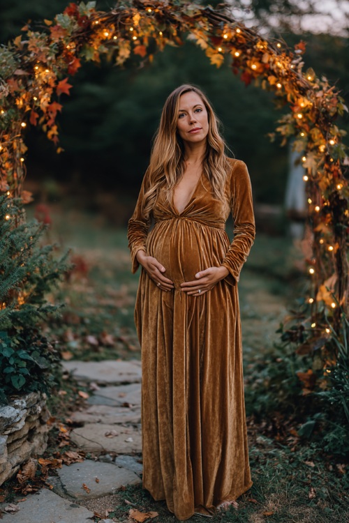 A woman in a golden-brown velvet maternity-style dress with empire waist, flowing skirt, and long sleeves, standing near a wedding arch wrapped in fall leaves and fairy lights 