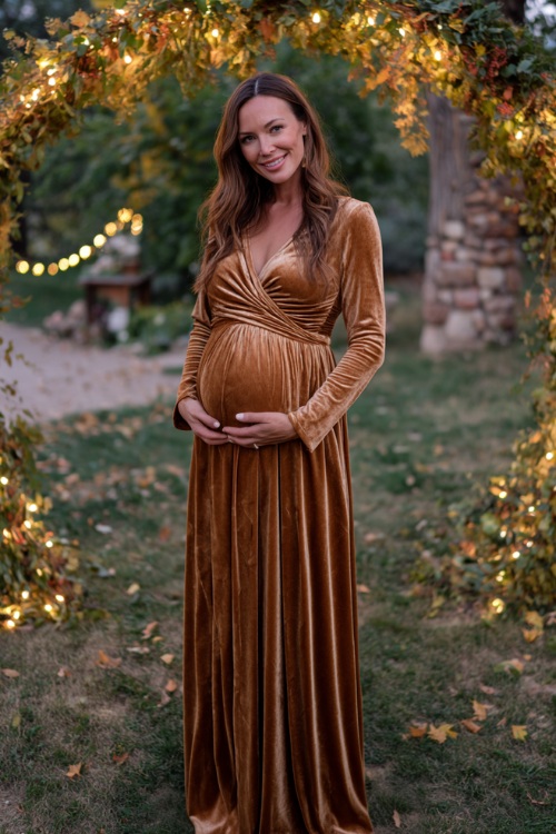 A woman in a golden-brown velvet maternity-style dress with empire waist, flowing skirt, and long sleeves, standing near a wedding arch wrapped in fall leaves and fairy lights 