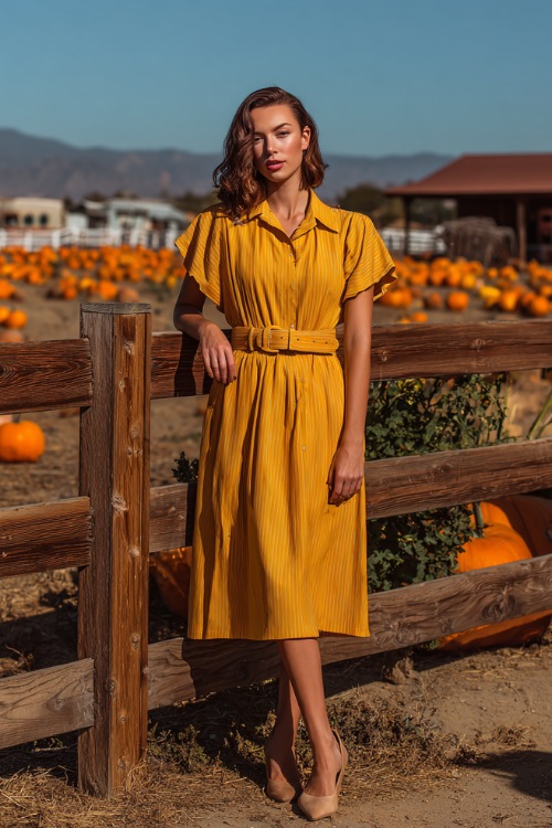 A woman in a mustard yellow A-line midi dress with flutter sleeves and a belt, flattering for a shorter body, standing near a wooden fence lined with pumpkins