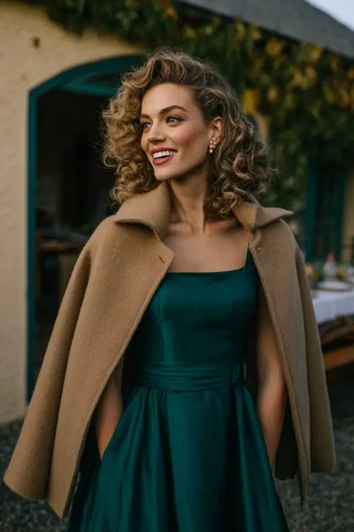 A woman wears a dark emerald green A-line dress with a boat neckline, styled with a camel cape coat