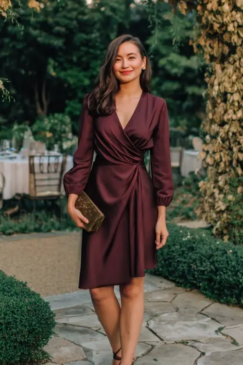 A woman wears a deep burgundy wrap dress with long sleeves and a satin finish, paired with ankle-strap heels