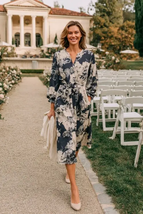 A woman wears a navy and cream floral midi dress with a gathered waist and subtle ruffle trim, paired with ballet flats and a soft shawl