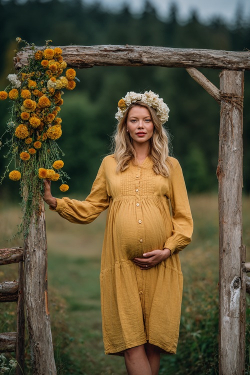 A woman with a baby bump wearing a mustard yellow smocked midi dress with long sleeves and floral crown, standing beside a rustic wooden wedding arch with marigolds