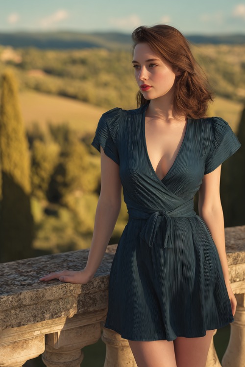 A woman with a compact frame in a dark teal pleated dress with short flutter sleeves and a tie waist, standing on a hilltop terrace with golden trees behind