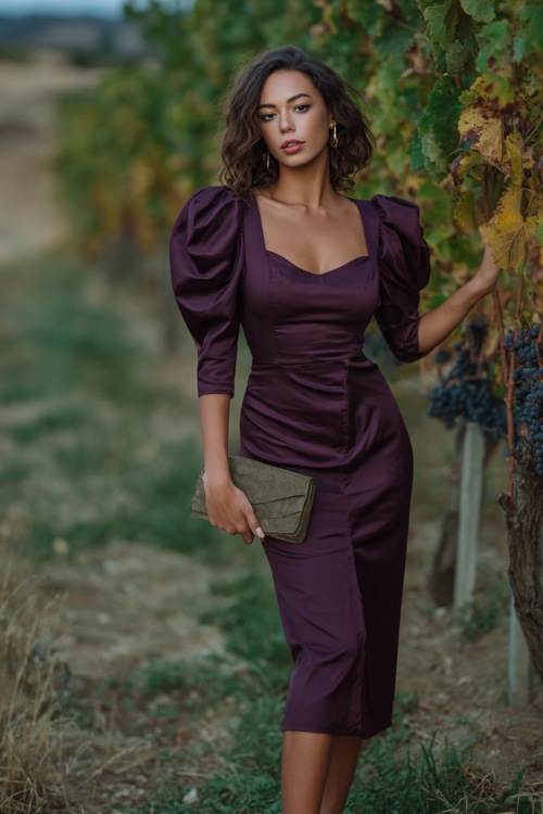 A woman with a compact frame in a deep plum satin midi dress with puff sleeves and a soft slit, holding a clutch, standing near a fall-themed vineyard 