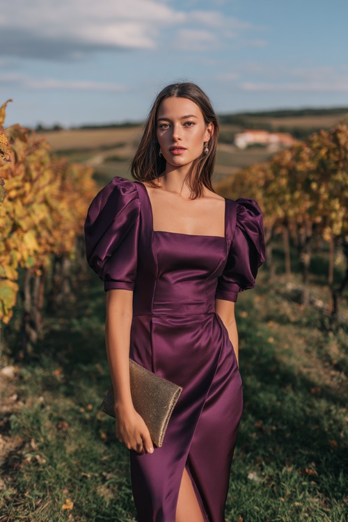 A woman with a compact frame in a deep plum satin midi dress with puff sleeves and a soft slit, holding a clutch, standing near a fall-themed vineyard