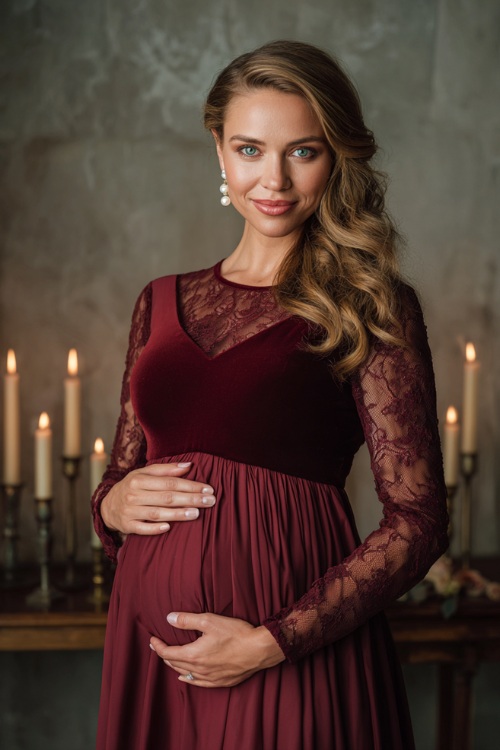 A woman with a growing belly in a maroon A-line gown with velvet bodice and chiffon skirt, long sleeves, and pearl earrings, posing in a softly lit indoor ceremony with candles 