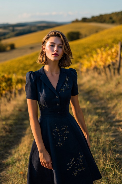 A woman with a short and elegant silhouette in a classic navy midi dress with delicate floral embroidery and short puff sleeves, standing on a vineyard slope with golden trees 