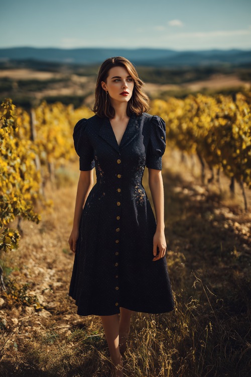 A woman with a short and elegant silhouette in a classic navy midi dress with delicate floral embroidery and short puff sleeves, standing on a vineyard slope with golden trees