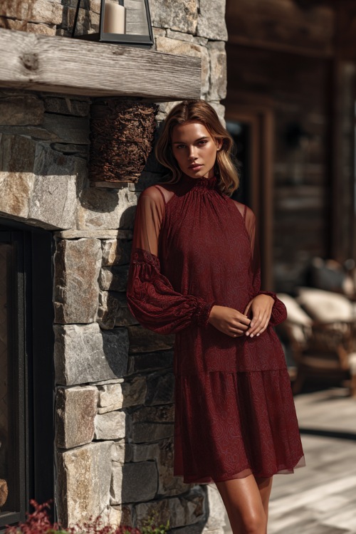 A woman with a shorter frame in a maroon flared midi dress with sheer sleeves and subtle embroidery, posing near a stone fireplace at a cozy outdoor ceremony 