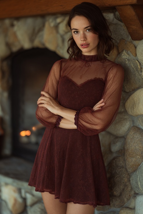 A woman with a shorter frame in a maroon flared midi dress with sheer sleeves and subtle embroidery, posing near a stone fireplace at a cozy outdoor ceremony