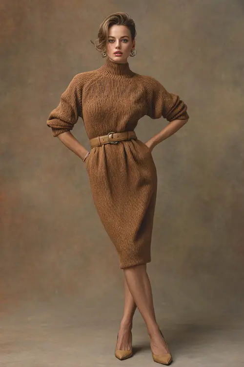Casual elegant woman in a warm-toned knit dress with a belt at the waist, classic tan heels, and subtle vintage earrings, full-body in an autumn-inspired studio 
