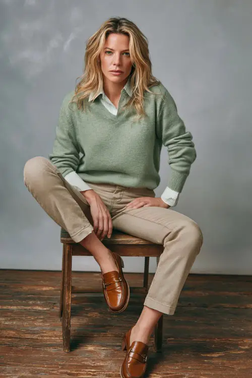 Casual fall old money look with a woman wearing straight-leg jeans and a sage green crewneck sweater layered over a collared blouse, leather loafers 