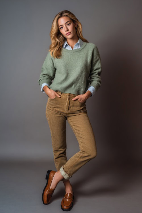 Casual fall old money look with a woman wearing straight-leg jeans and a sage green crewneck sweater layered over a collared blouse, leather loafers