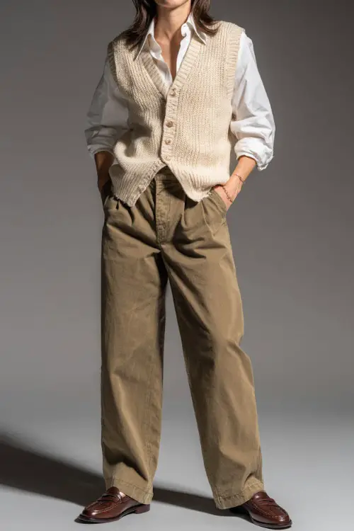 Casual fall old money outfit featuring a cream knit vest over a long-sleeve button-down, khaki wide-leg trousers, and brown penny loafers, full-body in minimalist studio