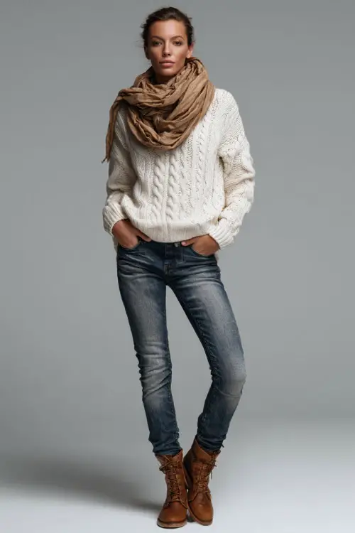Classic fall outfit with a woman in mid-rise blue jeans and an ivory cable-knit sweater, tan scarf and leather shoes, posed full-body in minimalist studio 