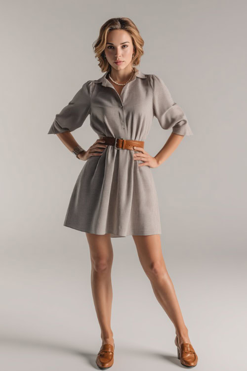Classy fall look with a woman in a soft gray A-line dress with a belt and cuffed sleeves, paired with tan loafers and pearl accessories, full-body in studio