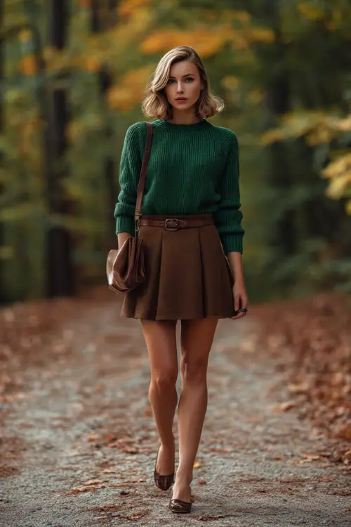 Classy fall outfit with a woman in a forest green cashmere sweater tucked into a brown A-line skirt, leather crossbody bag