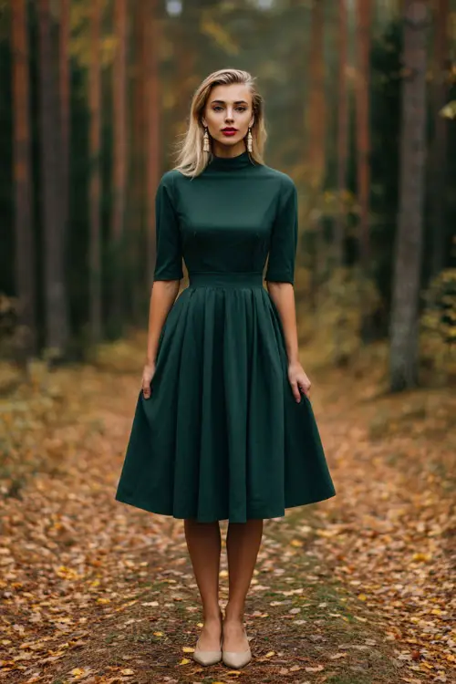 Classy fall outfit with a woman in a forest green midi dress with elbow-length sleeves and subtle pleats, beige flats and vintage earrings, clean background 