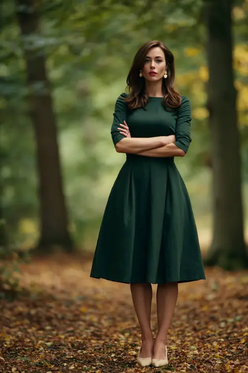 Classy fall outfit with a woman in a forest green midi dress with elbow-length sleeves and subtle pleats, beige flats and vintage earrings, clean background