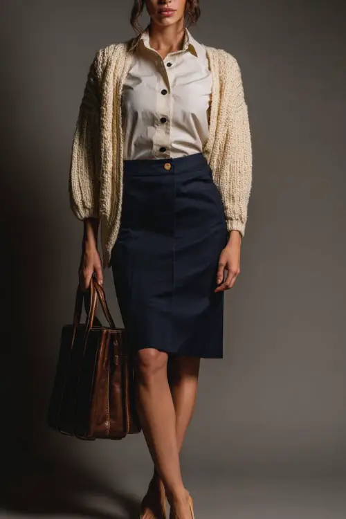 Classy woman wearing a navy wool skirt with a button-down shirt and cream cardigan draped over the shoulders, tan flats and a structured bag